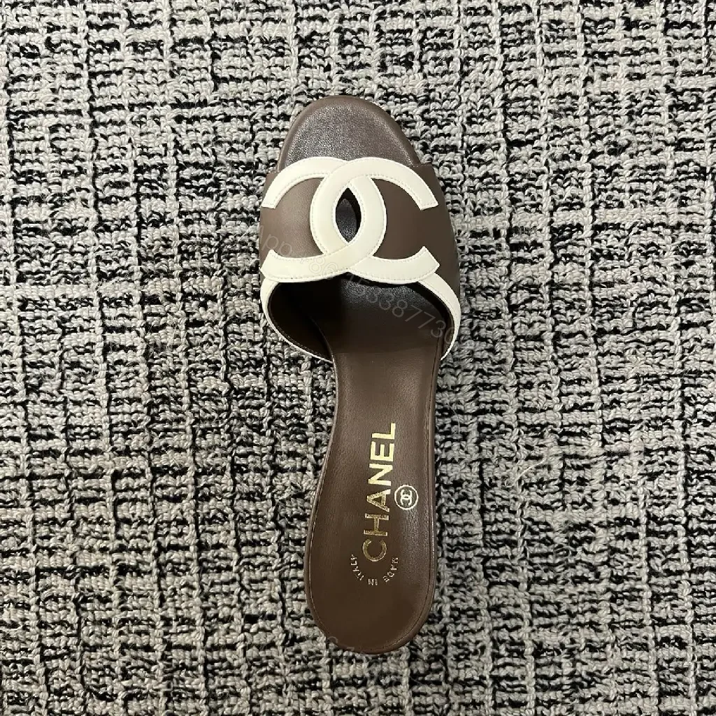 View 9 of Brown Leather Slides White Logo Interlock Chanel Sliders