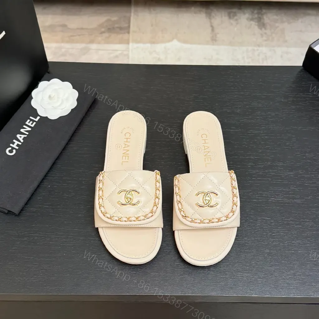 View 3 of Quilted Leather Slides + Gold Emblem + Luxury Casual Slip-ons