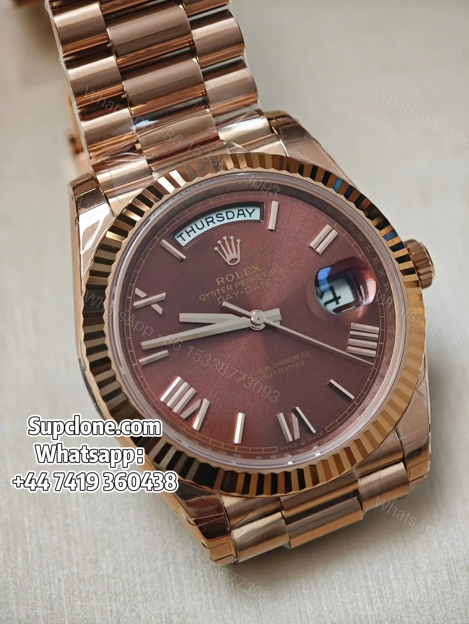View 5 of Rolex Day-Date 40mm Rose Gold Brown Roman Dial – Super Clone 1:1 Cal. 3255