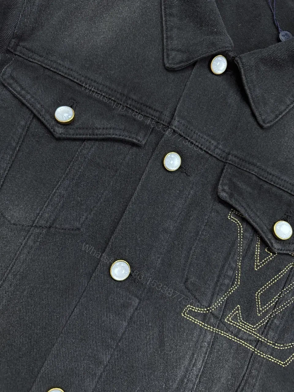 View 6 of Dark Denim Jacket + LV-Inspired Logo Stitching + Edgy Casual + Signature Logo Detail + Jacket