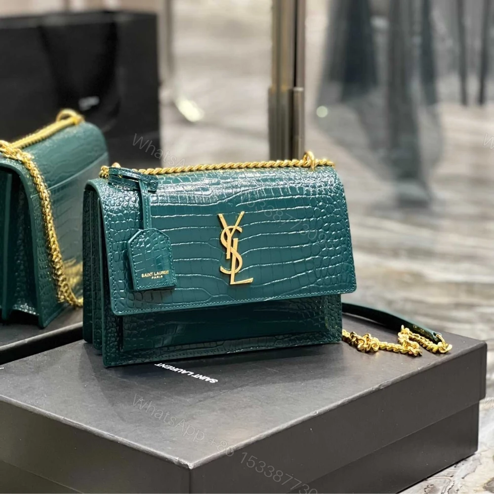 View 3 of Saint Laurent Sunset Medium Chain Bag In Crocodile-Embossed Shiny Mint 22Cm 442906DND0J3144