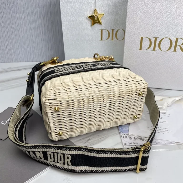 View 7 of Dior Structured Straw Handbag with Leather Trim & Logo Band