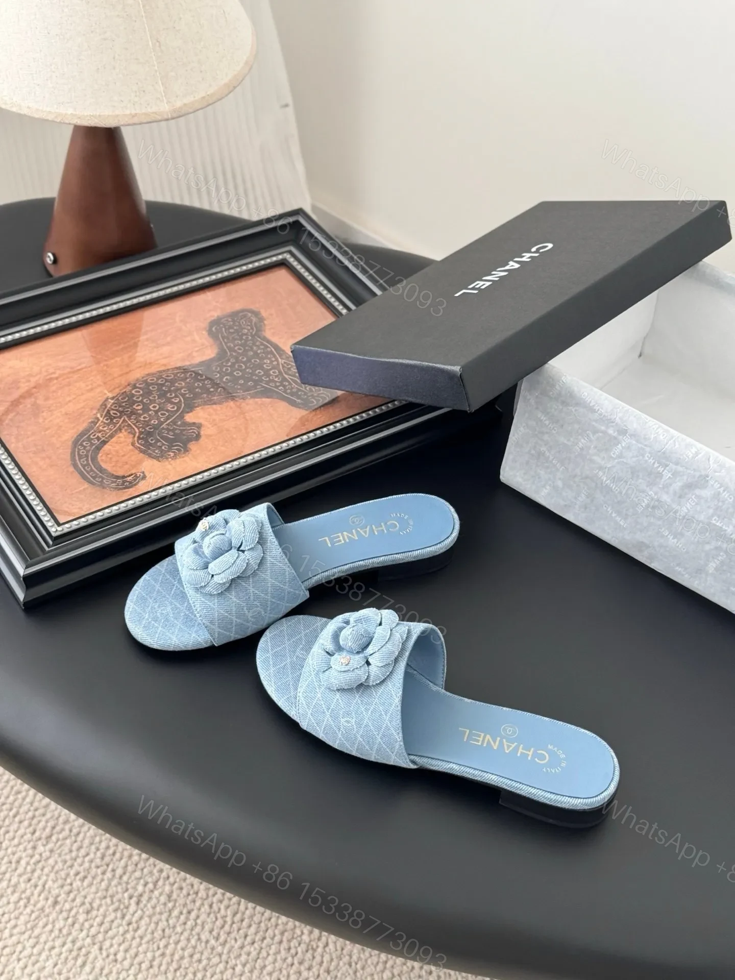 View 2 of Chanel Women Light Blue Fabric Slides