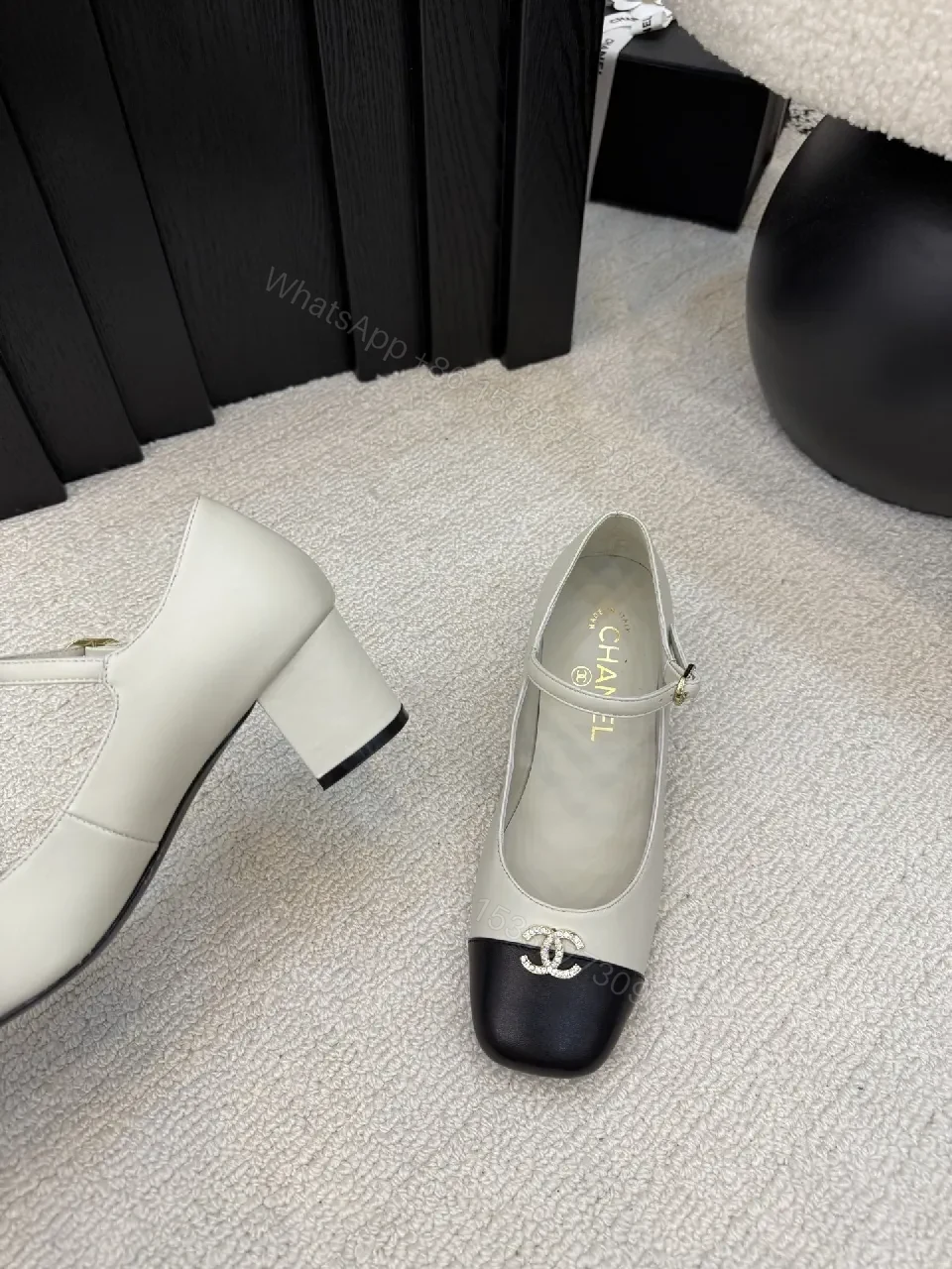 View 5 of Ivory/Black Two-Tone Pumps with Ankle Strap, Classic-Edge Style