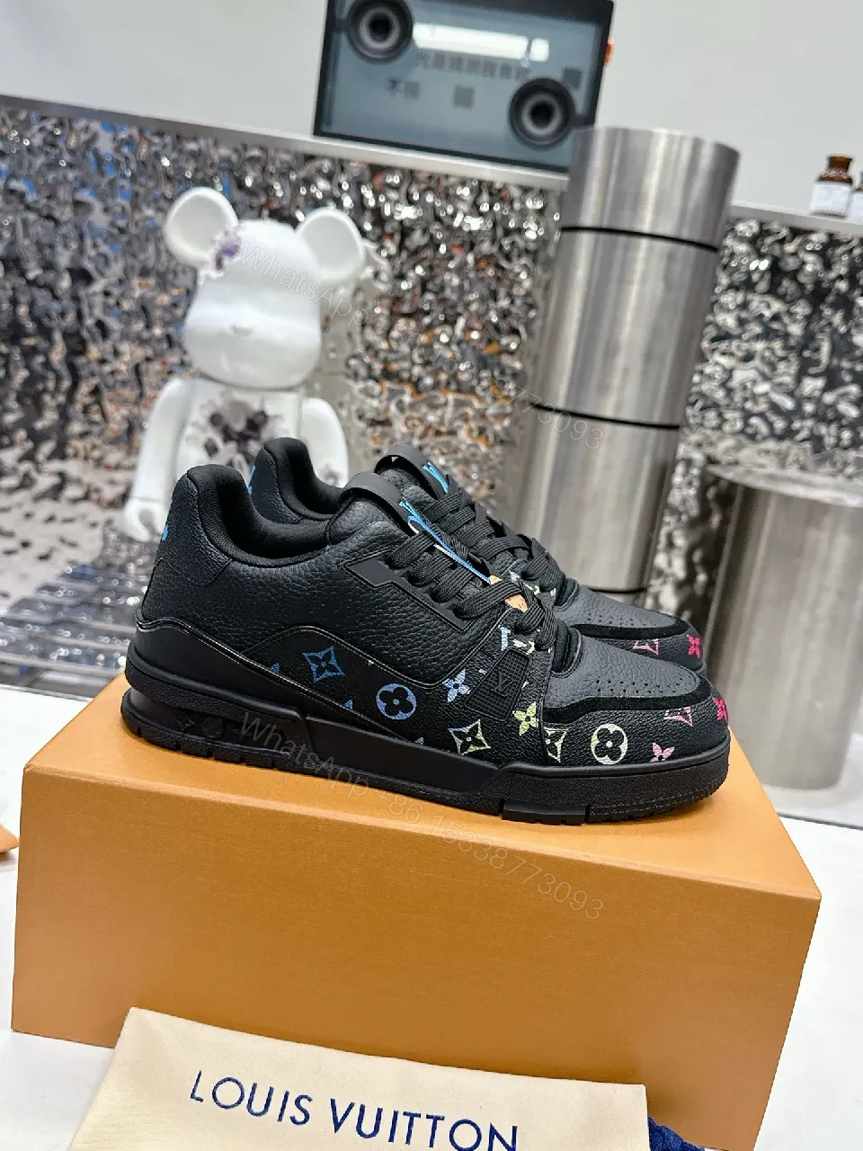 View 2 of Multicolor LV-Embellished Black Leather High-Tops Sneakers