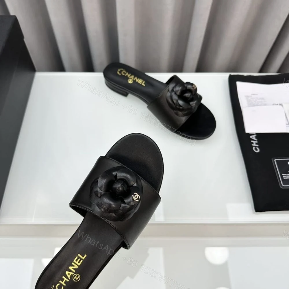 View 6 of Chanel Black Camellia Slide Flat Sandals