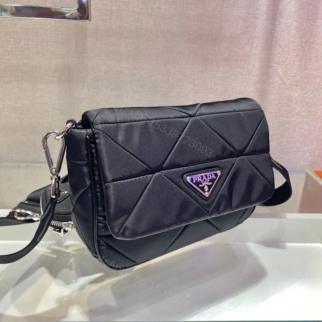 View 4 of SMALL FLAP BAG 21 IN BLACK TRIANGULAR QUILTED PATTERN RE-NYLON