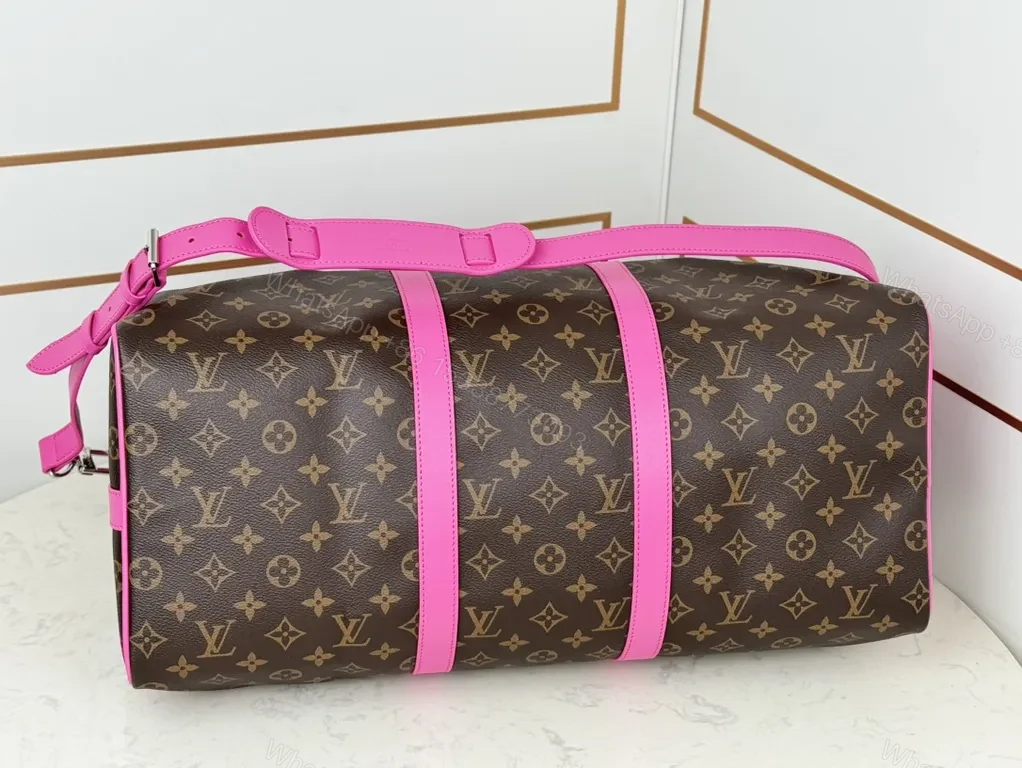 View 4 of Pink LV-Style Monogram Duffel: Luxe Crossbody-Ready Bag