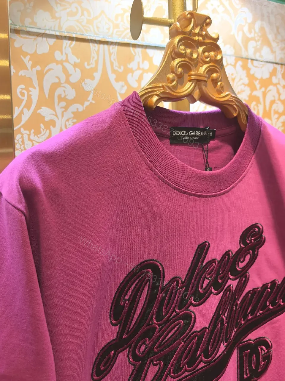 View 8 of Vivid Pink Cotton T-Shirt: Luxury Script Embroidery Shirt