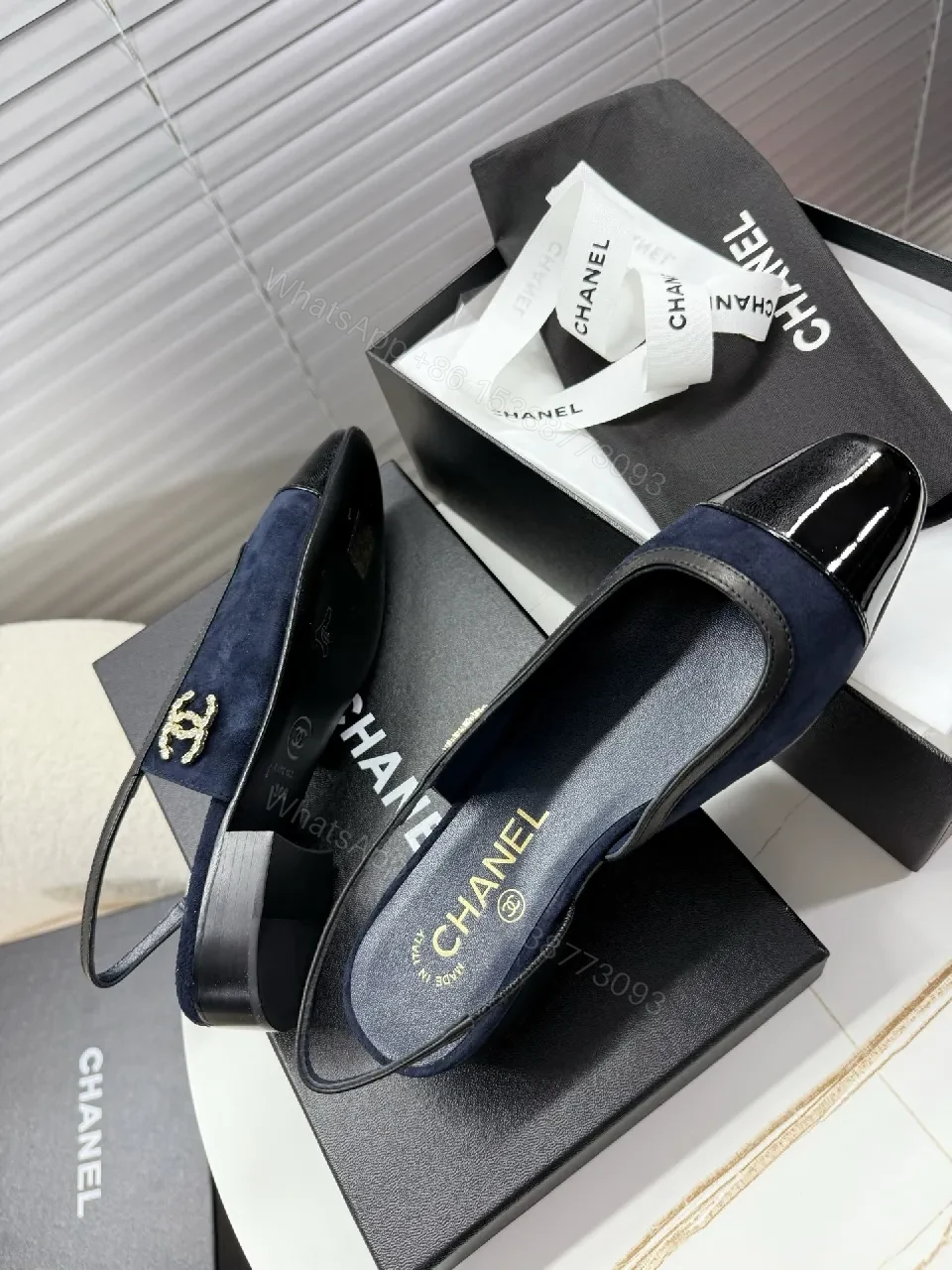 View 2 of Navy Knit Slingback Mules with Patent Toe