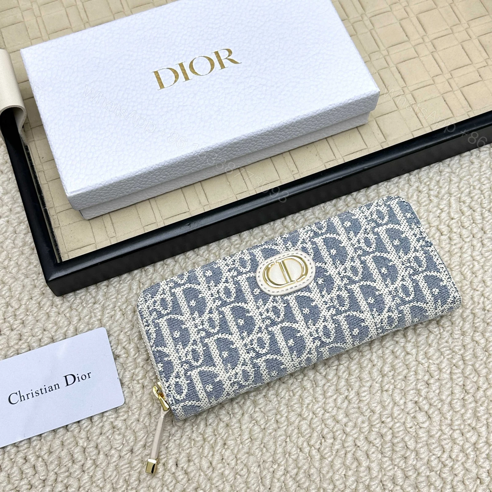 Dior A貨精品長夾 米白拼藍 Oblique 老花 簡約拉鍊款 — view 1