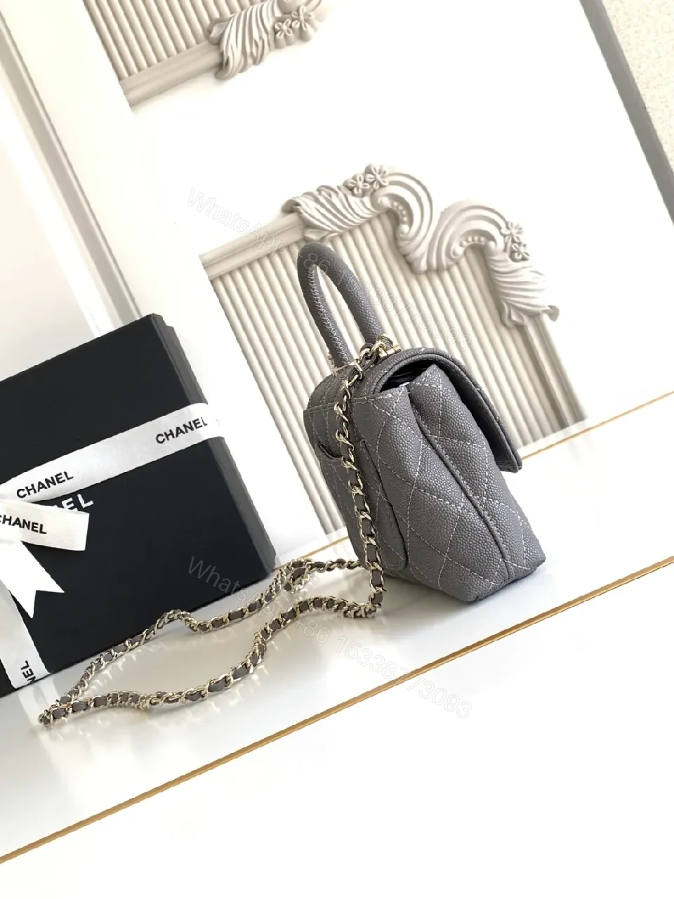 View 9 of Charcoal Leather Quilted Mini Bag with Gold Chain Accent