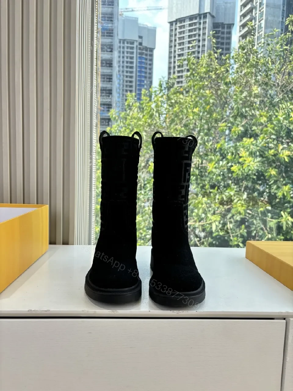 View 2 of Black Suede Boots with Monogram Pattern Mid-Calf Luxe Comfort