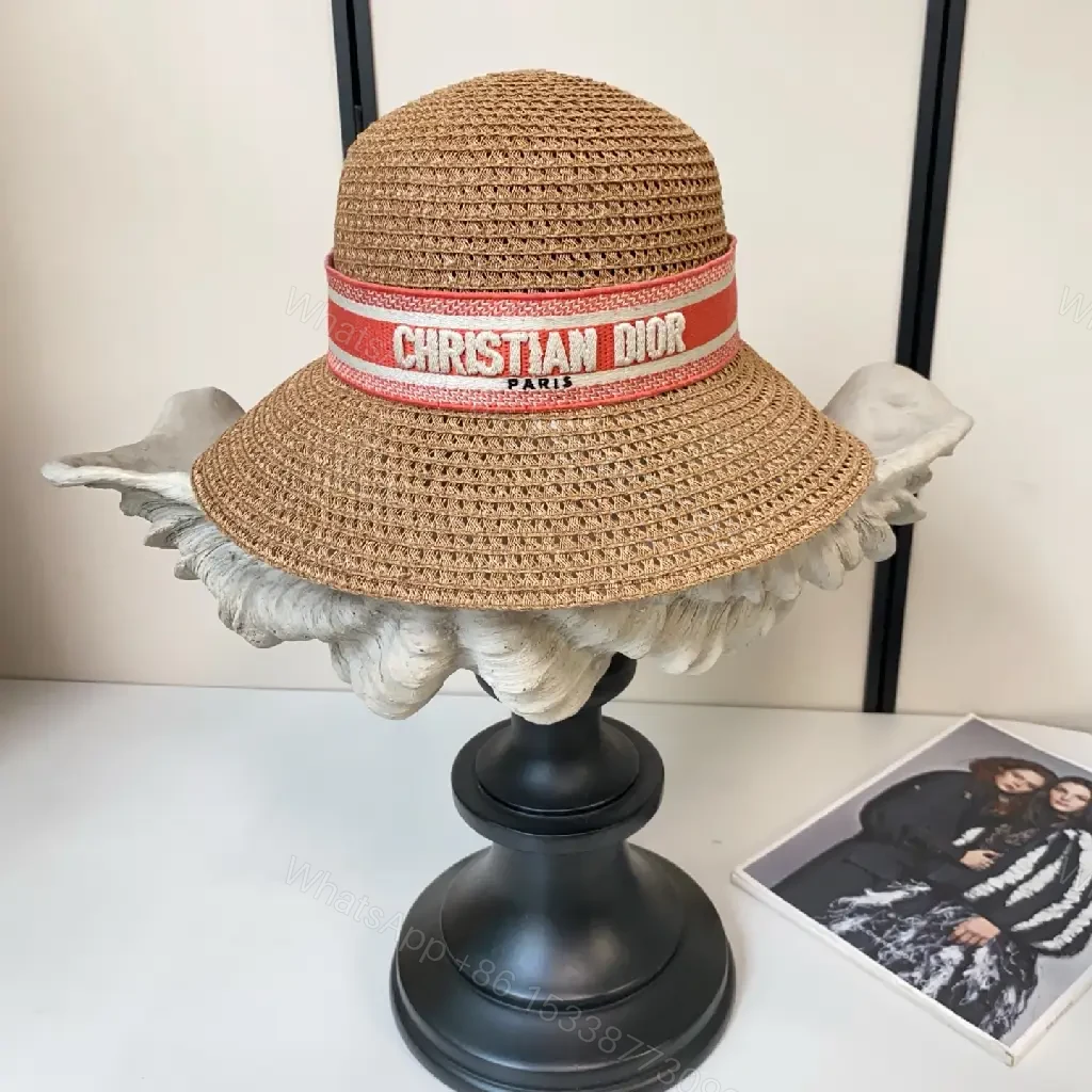 View 7 of Light Brown Straw Hat Wide Brim Red Dior Band Hat