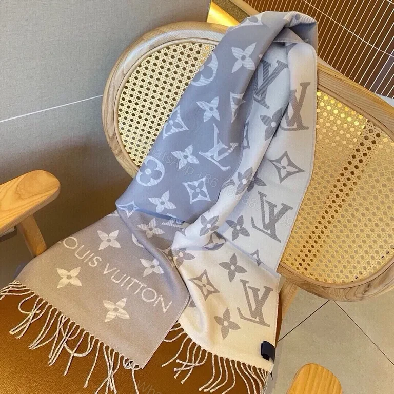 View 4 of Taupe Wool Luxury Scarf: Monogram Fringe Luxury Accessory