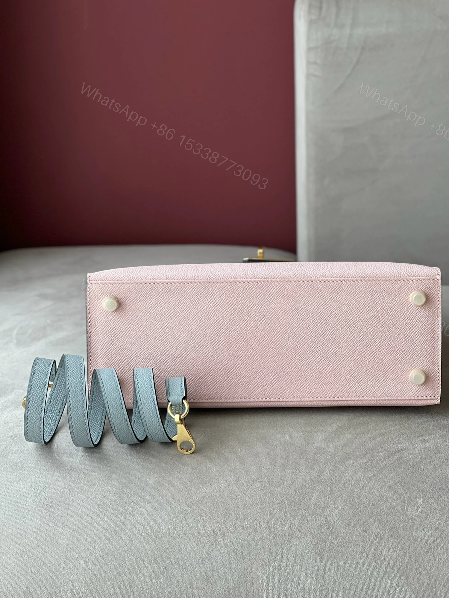 View 6 of Hermes Kelly 25 Rose Sakura & Gris Perle Chèvre Epsom Leather Gold Hardware