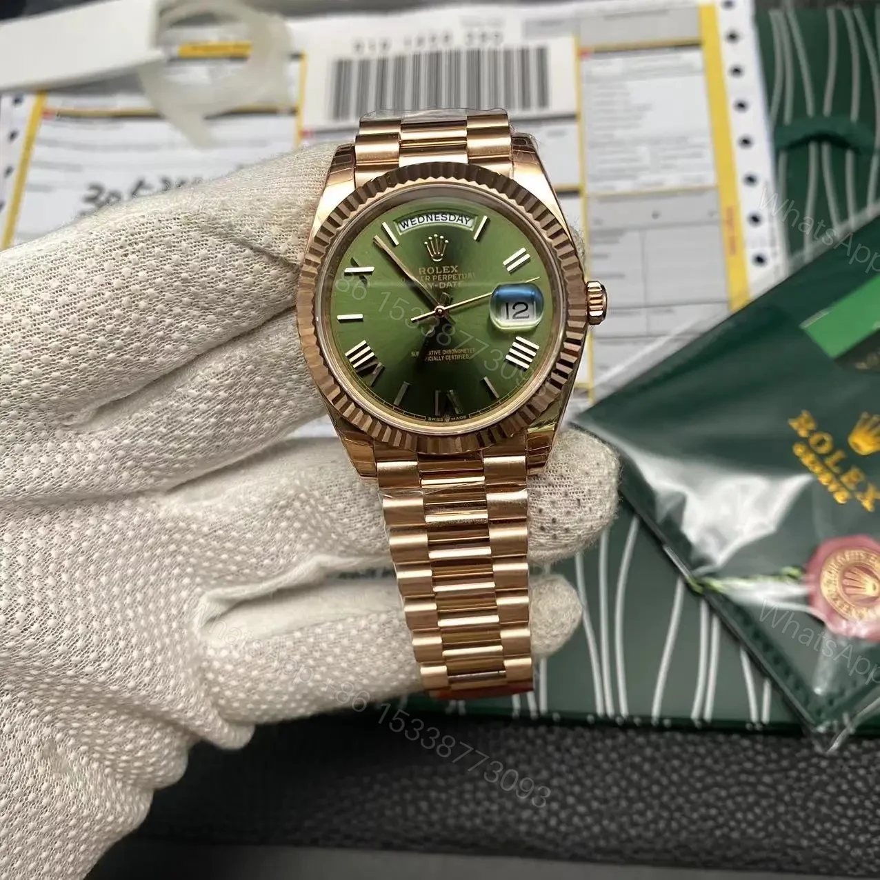View 3 of Super clone Replica Day Date Rose Gold Green Dial