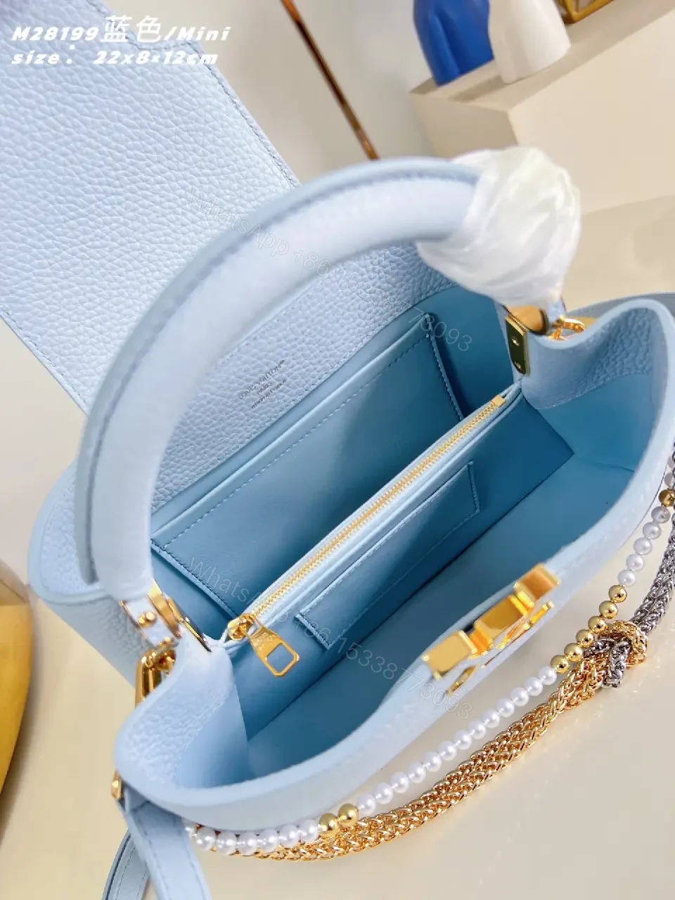 View 3 of Soft Blue Pebbled Leather Satchel with Pearl Chain Accent
