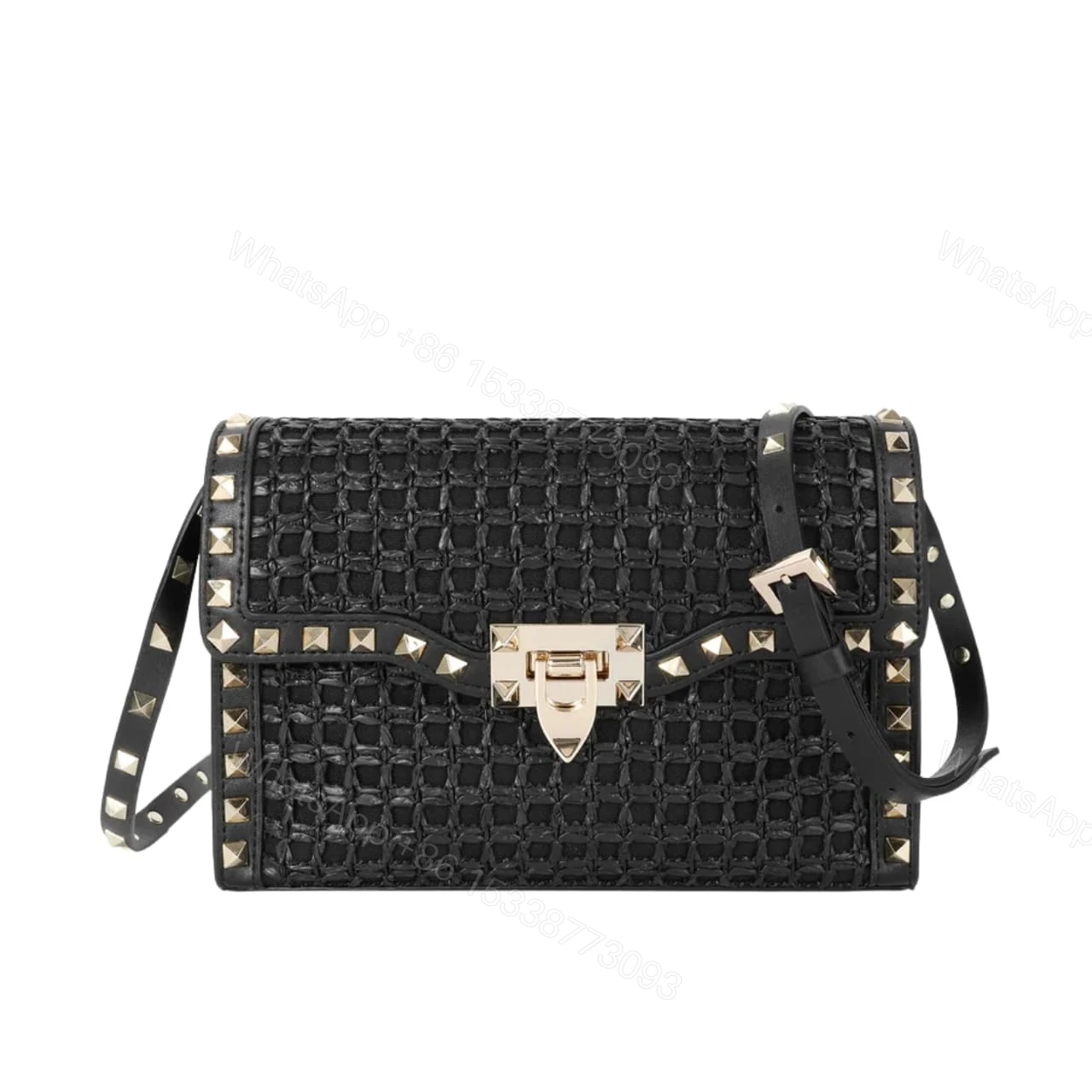 VALENTINO GARAVANI ROCKSTUD SMALL RAFFIA SHOULDER BAG BLACK 22CM — view 1