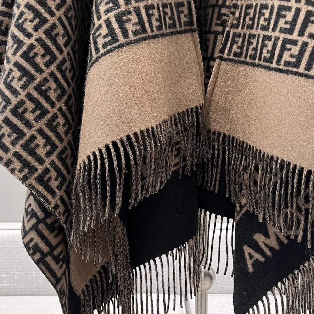 View 3 of Neutral Knit Poncho: Luxe Monogram-Patterned, Fringed, All-Season
