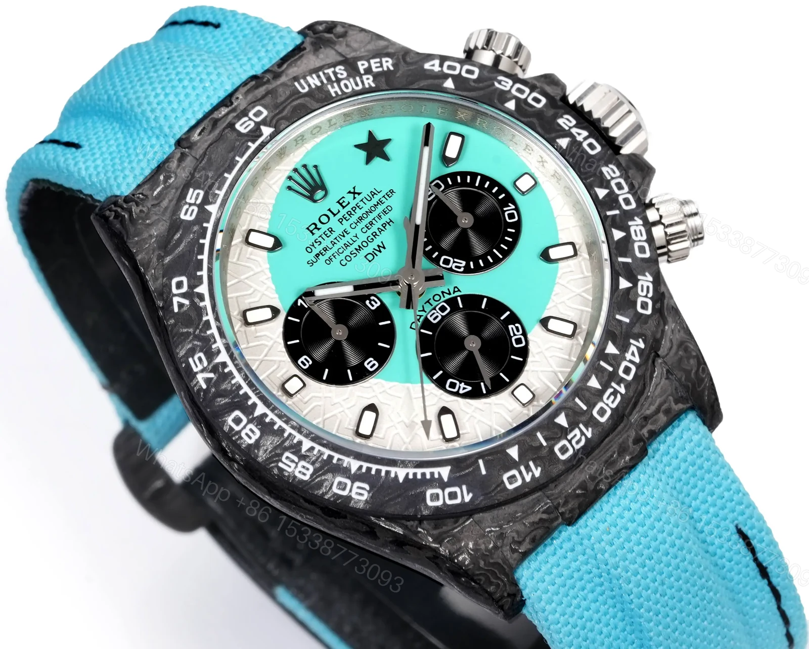 View 3 of Rolex Daytona Desert Sand Carbon Tiffany Edition Blue Strap Blue White Dial 40mm RG-DAYTONA-DESERT-SAND-TIFFANY