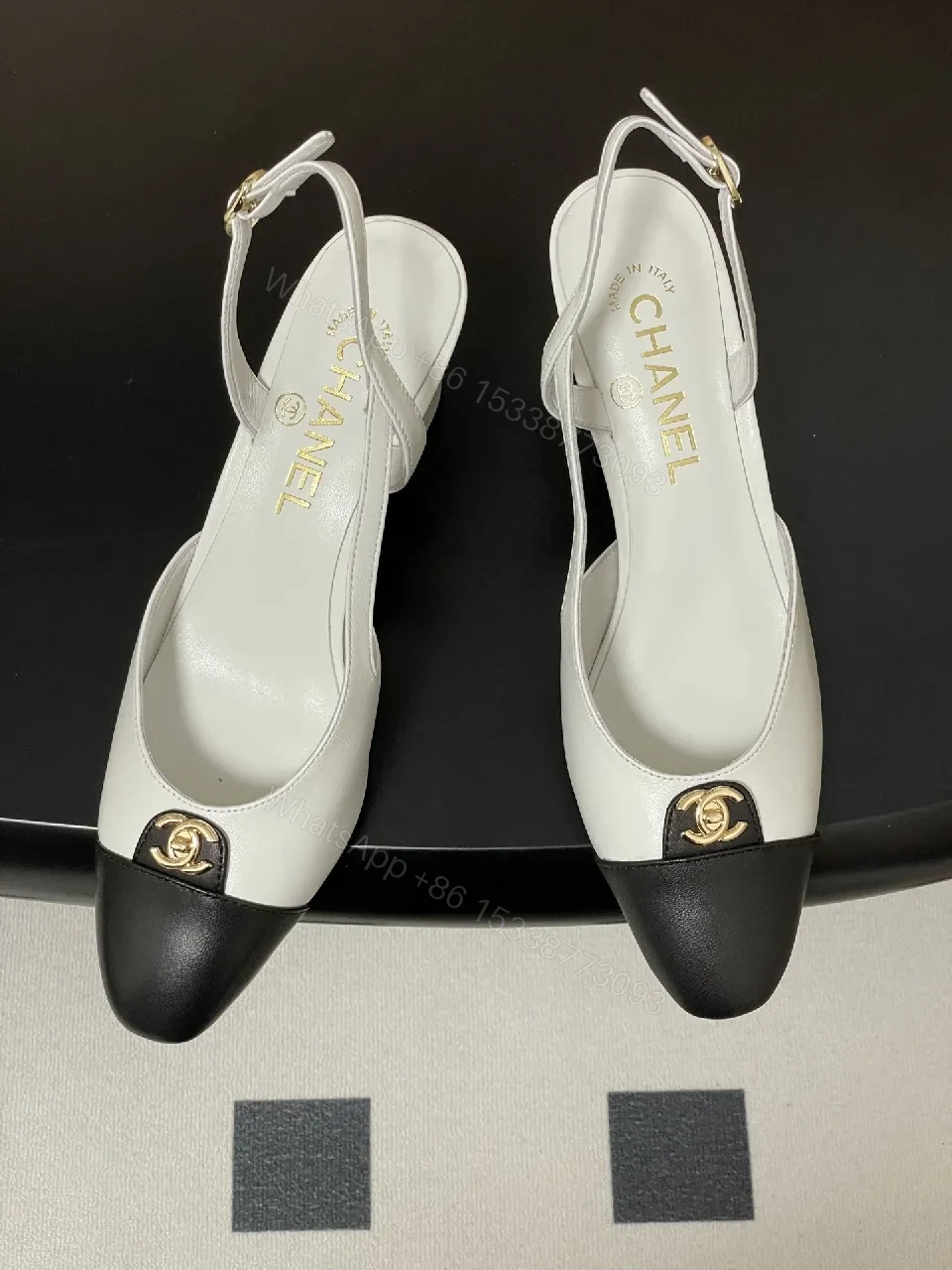 View 7 of Two-Tone Slingback Heels with Gold Logo Accent