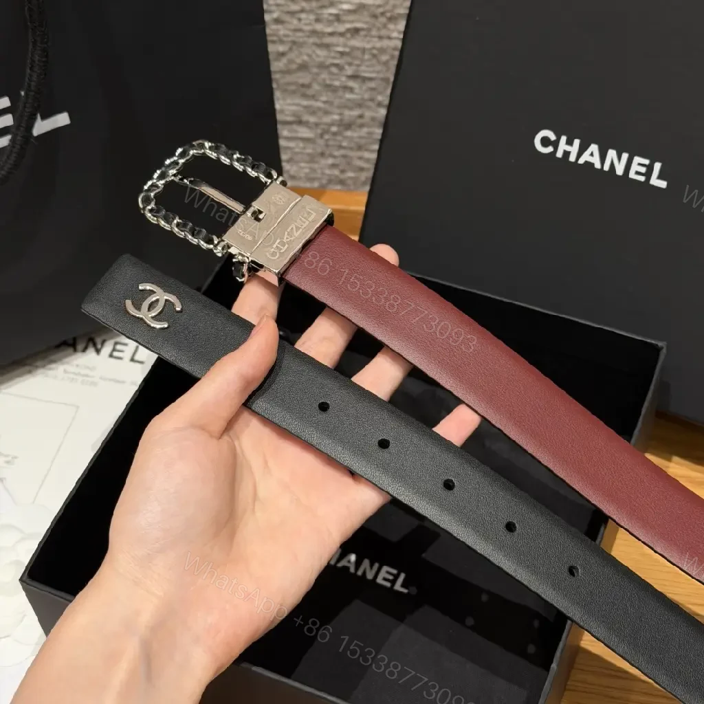 View 10 of Black Leather Belt - Silver Buckle, Chain-Link, Chanel-Style Logo