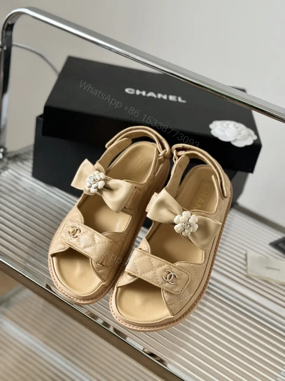 View 5 of Soft Metallic Leather Bow Sandals — Embellished, Open-Toe Comfort