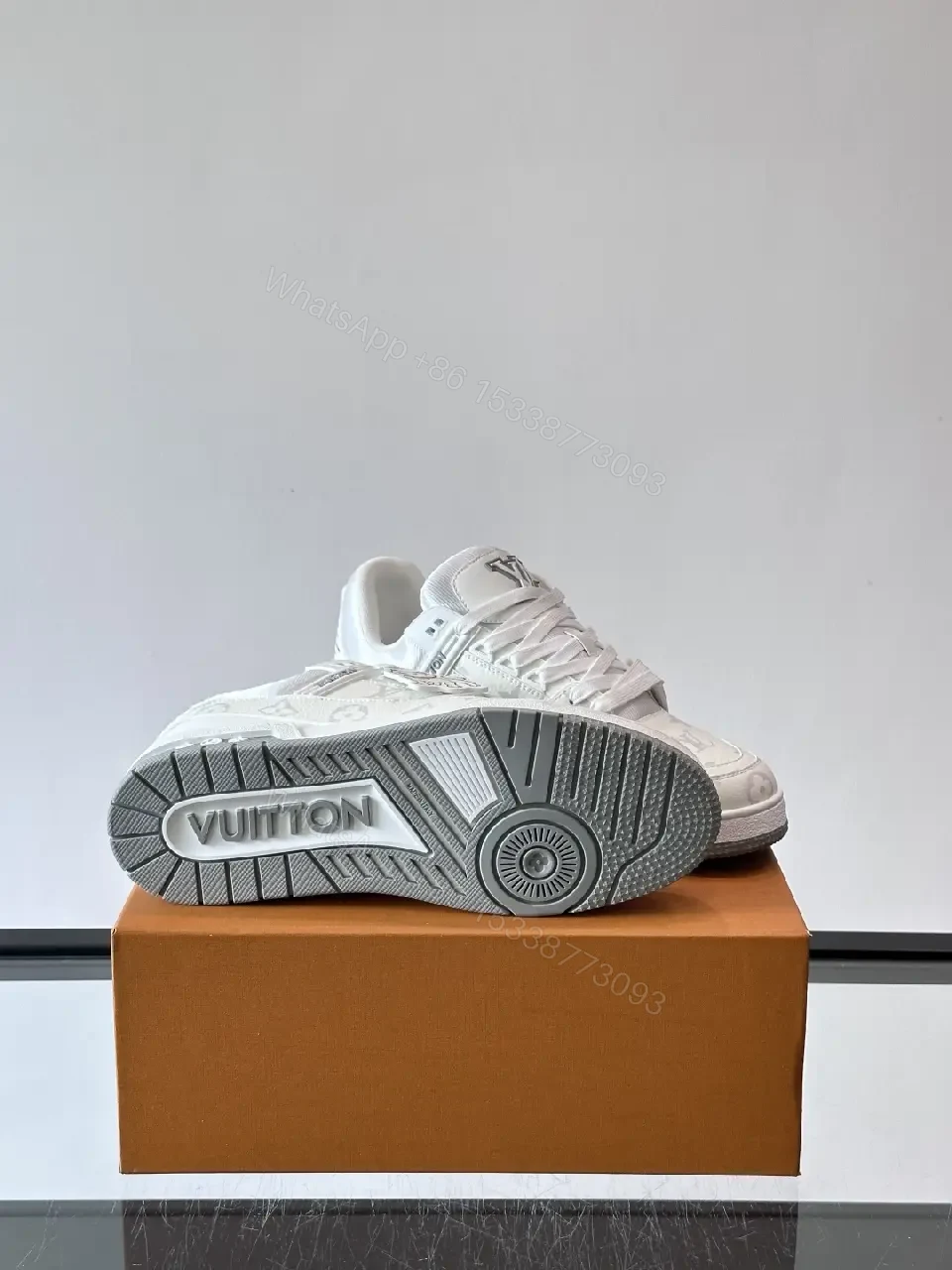 View 8 of White Leather High-Top Sneakers: Luxe Comfort, Monogram Pattern