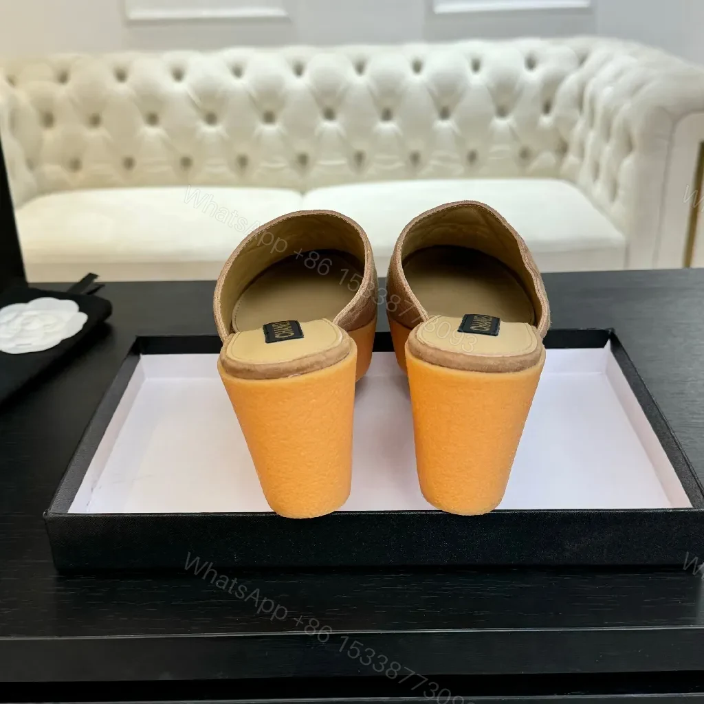 View 7 of Camel Suede Mules with Black Cap Toe—Chic Open-Back Style, Cushioned Comfort