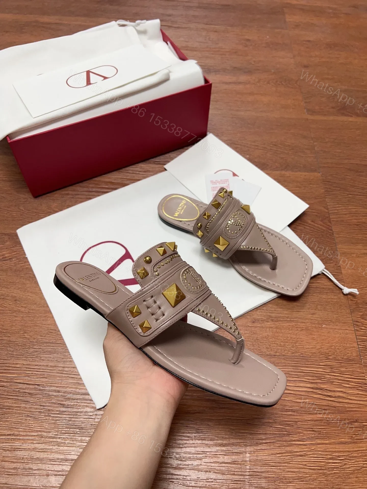 View 5 of Valentino Women Taupe Leather Studded Sandals
