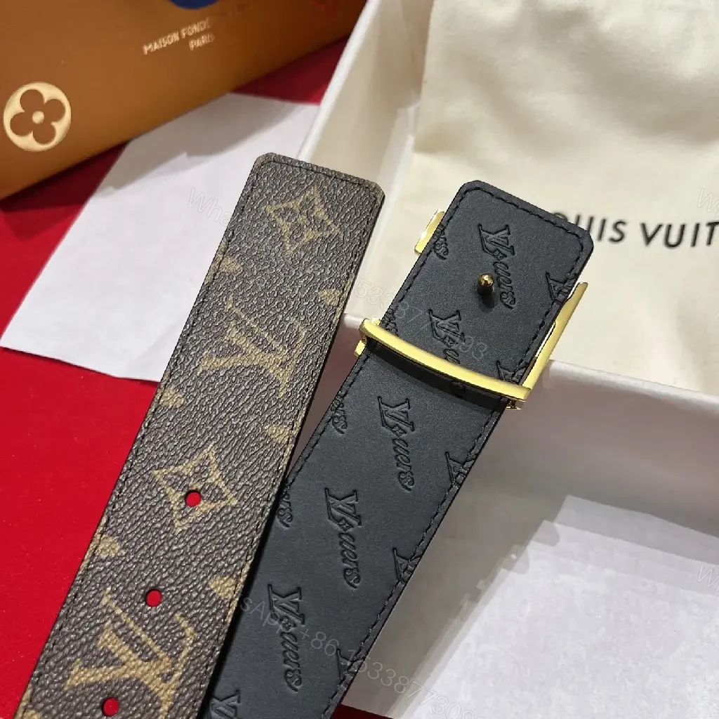 View 8 of Brown & Black LV Monogram Belt with Metal Logo Buckle