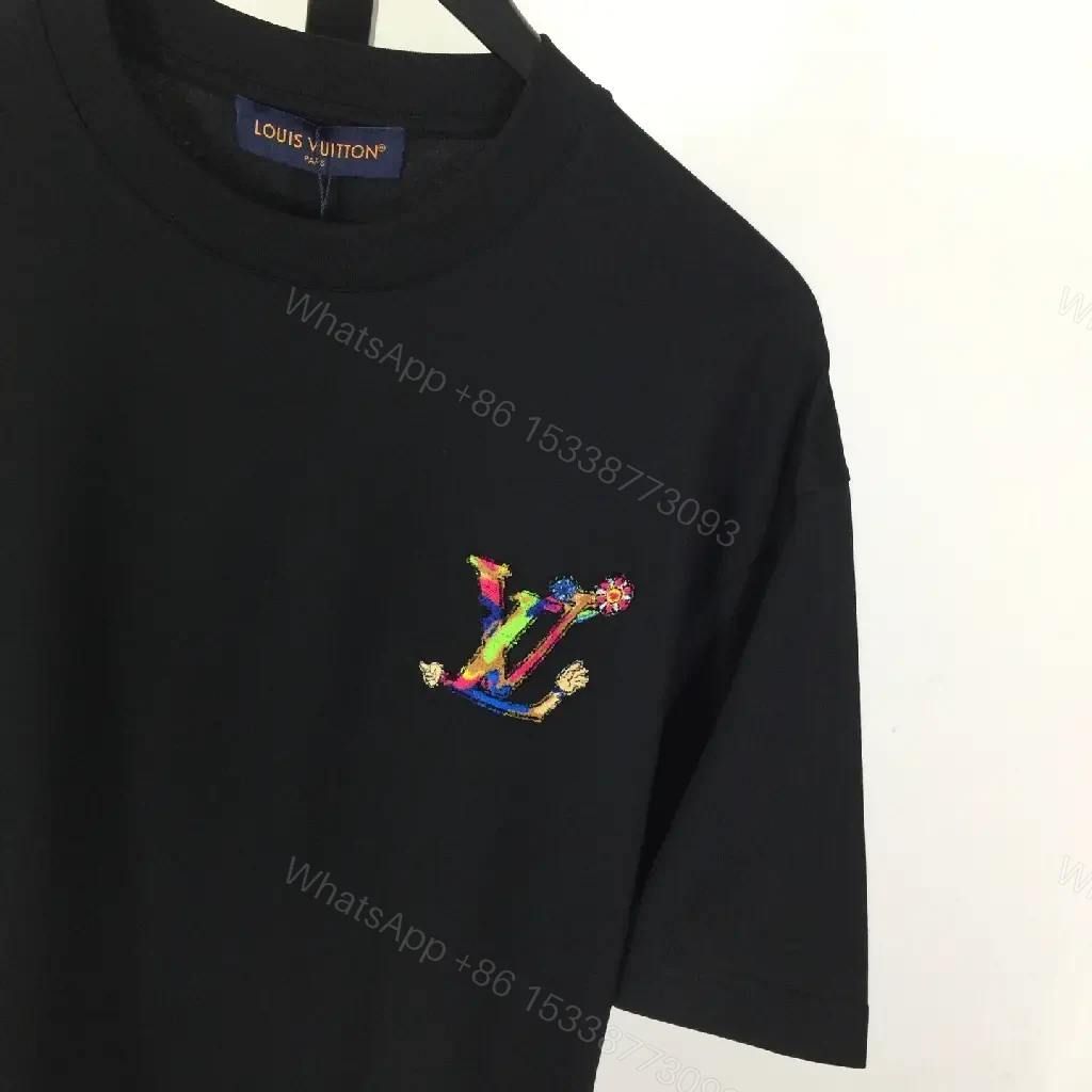 View 6 of Black Cotton Crew-Neck Tee with Multicolor LV Embroidery
