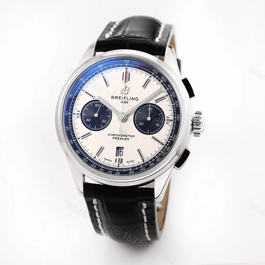 View 2 of GF Factory Breitling Premier B01 Chronograph Watch – Silver Dial, Blue Sub-dials, Black Leather Strap