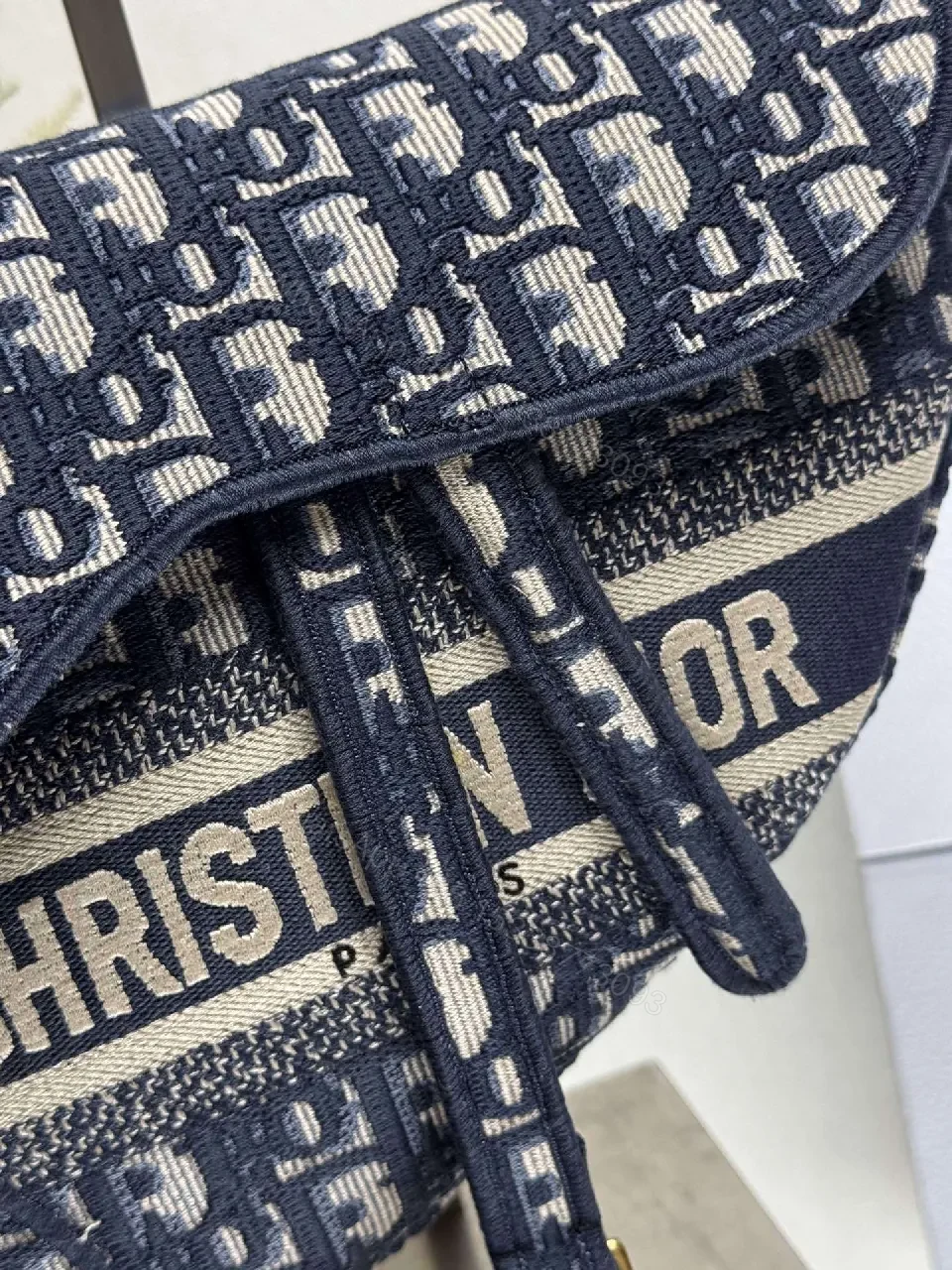 View 3 of Patterned Monogram Crossbody Bag - Navy, Luxe Fabric, Structured, Versatile Carryall