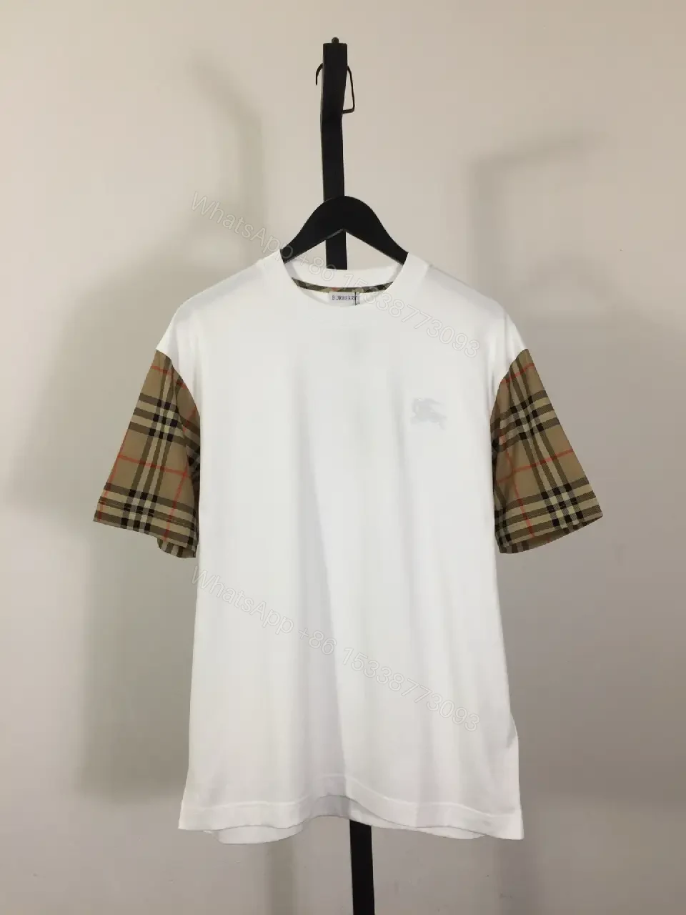 White Tee with Burberry-Check Sleeves: Minimalist Luxury Top — view 1