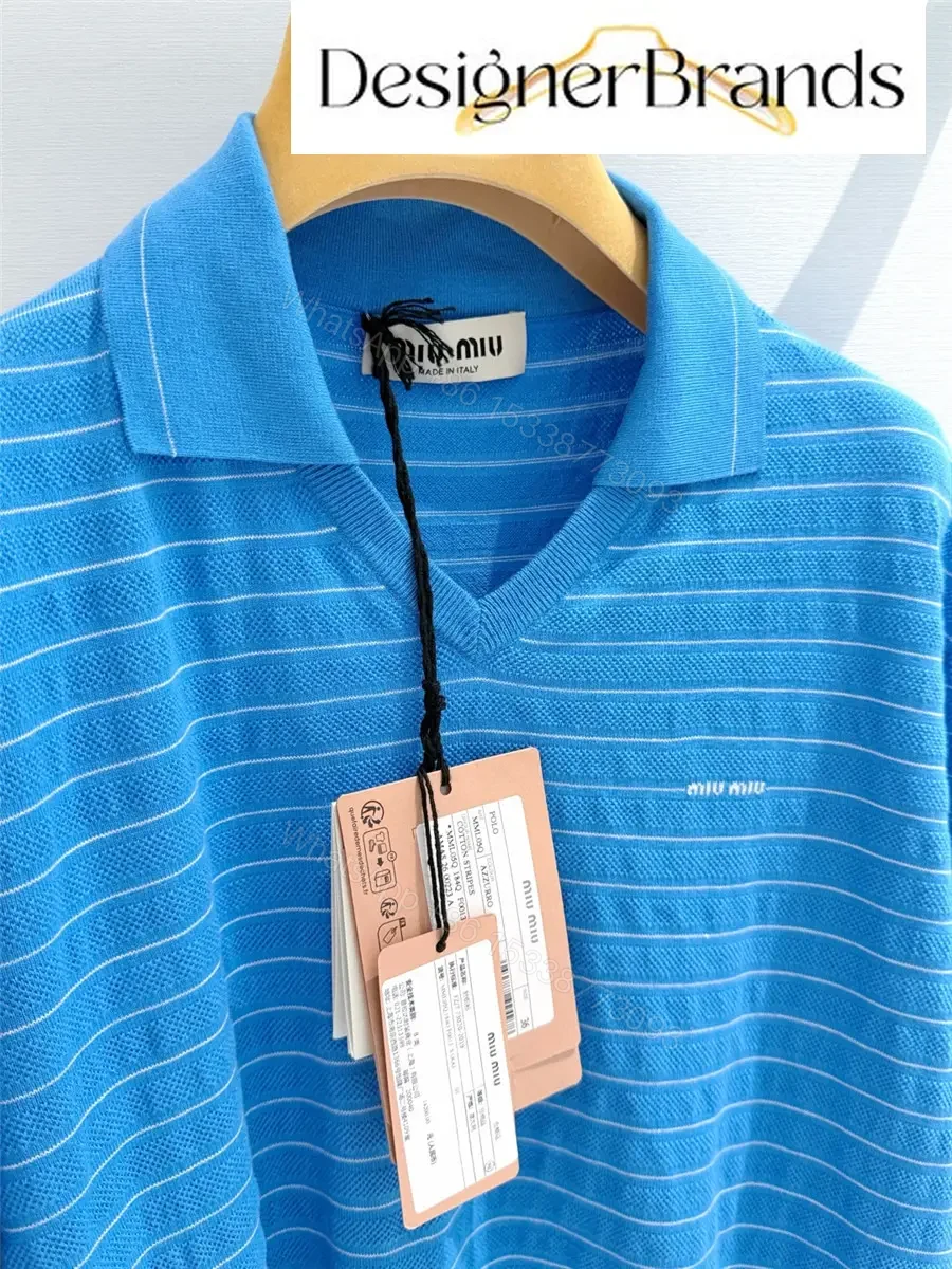 View 4 of Miu Miu Blue and White Striped Cotton V-Neck Knit Sweater