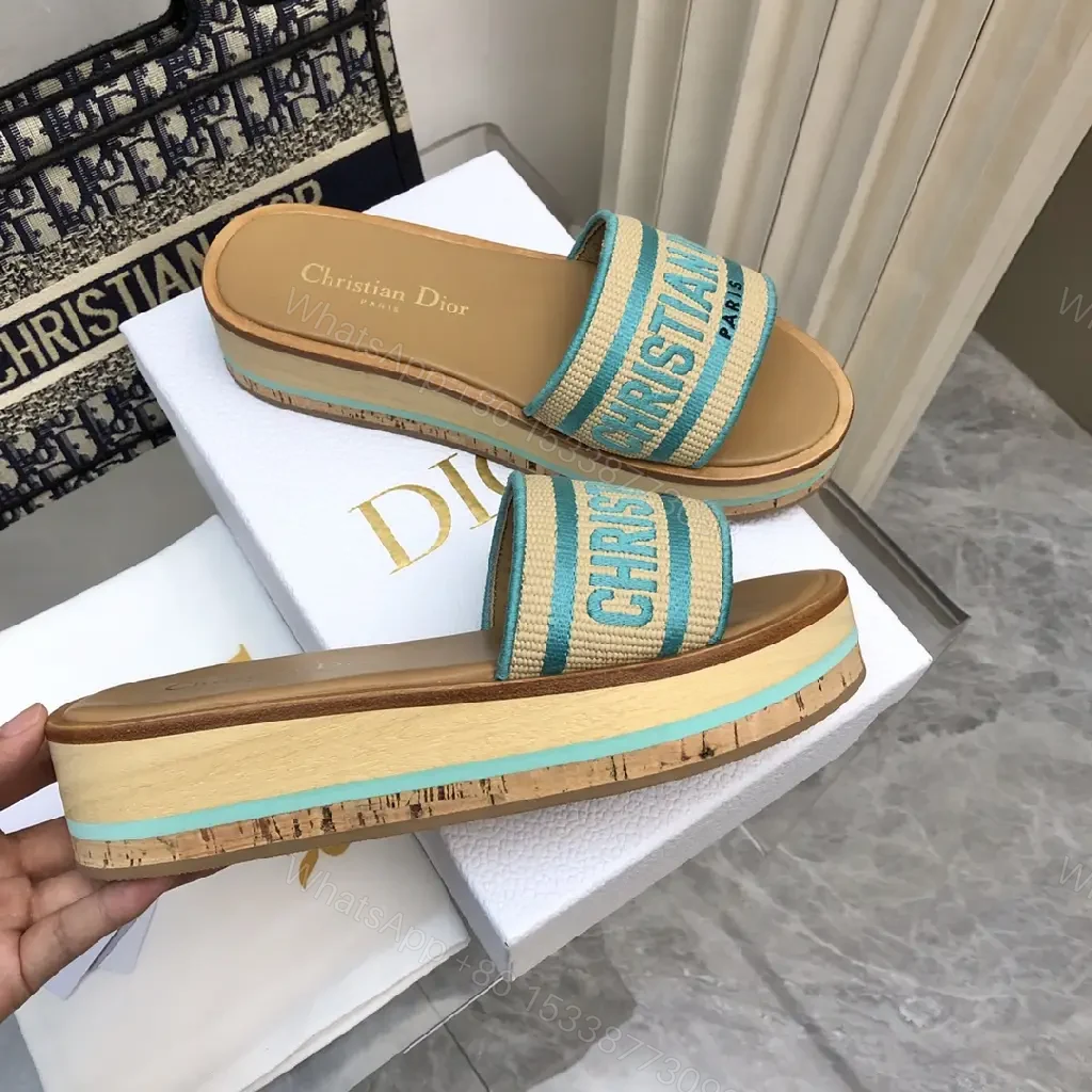 View 9 of Turquoise Canvas Striped Platform Sandals with Christian Dior Print