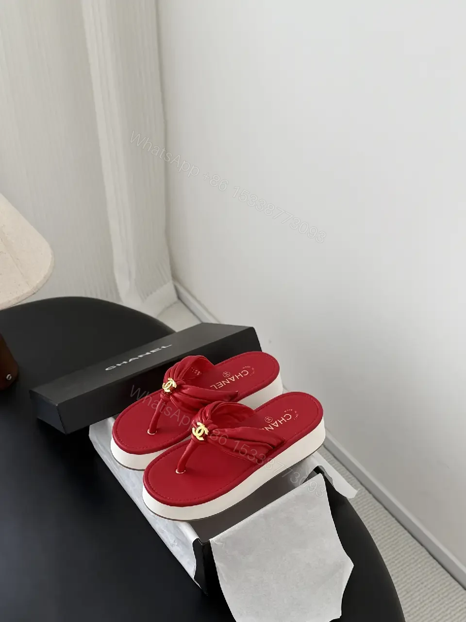 View 7 of Red Satin Flip-Flops with Gold Chanel Logo Student Style Sandals