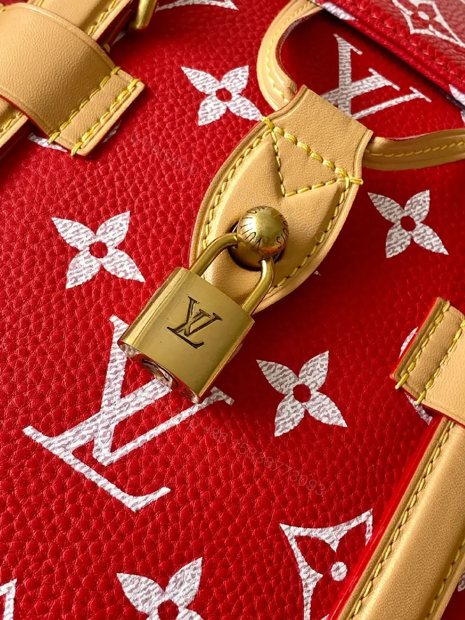 View 2 of Red Knit Luxury Backpack: Monogram Gold Hardware Backpack