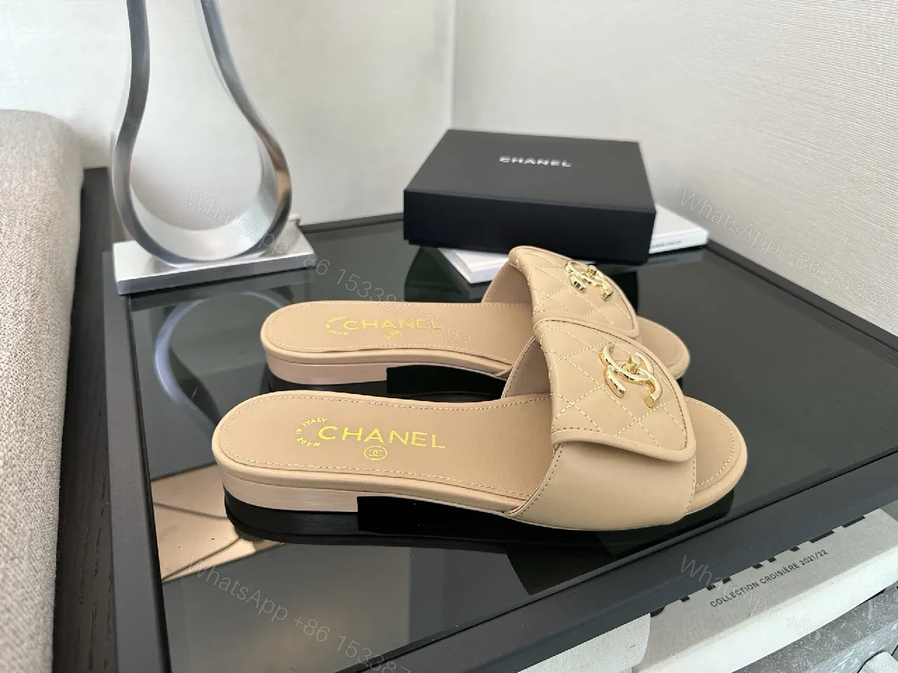View 5 of Beige Quilted Slip-Ons with Gold Hardware Sandals