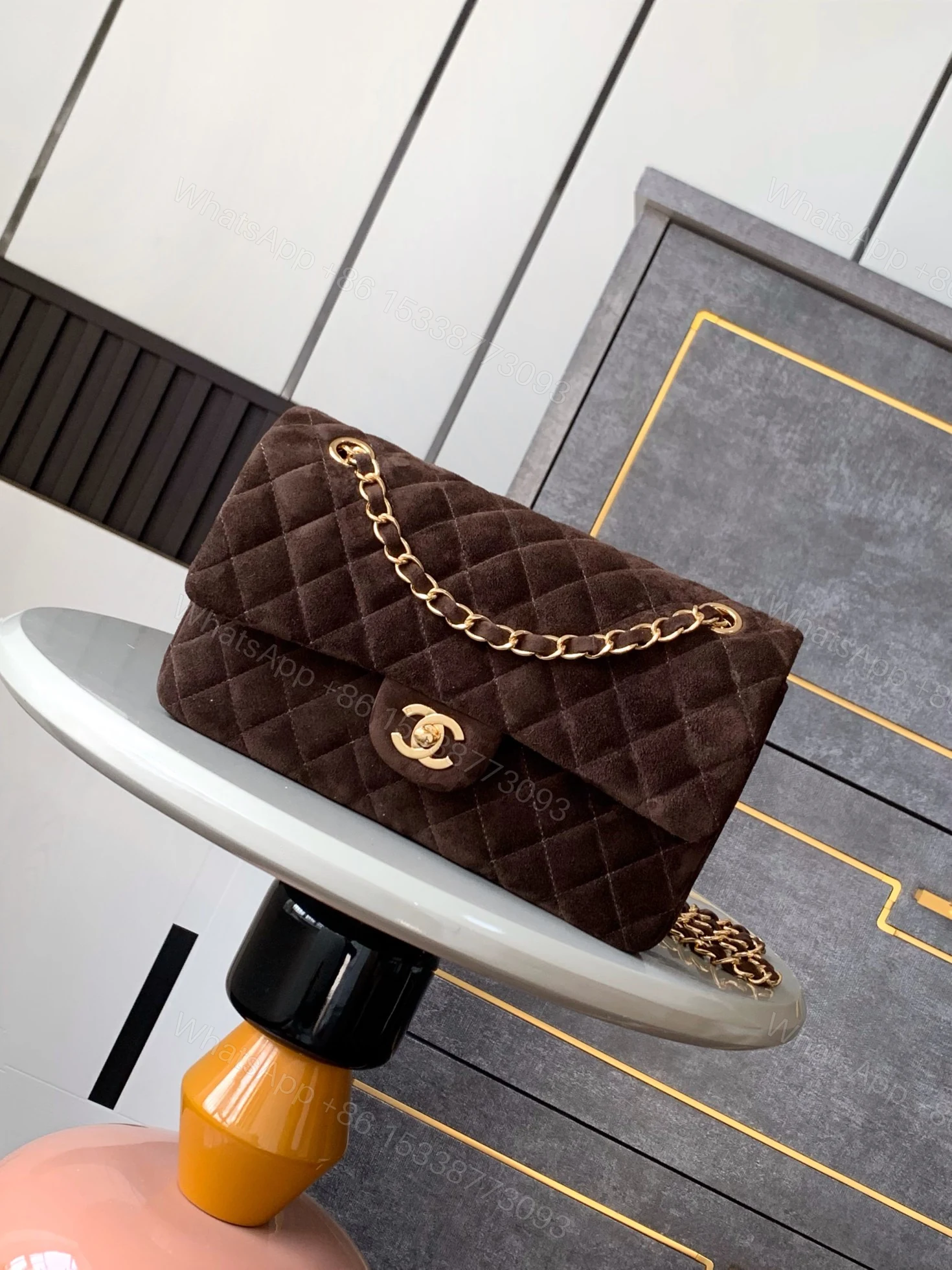 CHANEL 高仿 2.55 深棕麂皮金鏈條包 復古質感菱格肩背包 — view 1