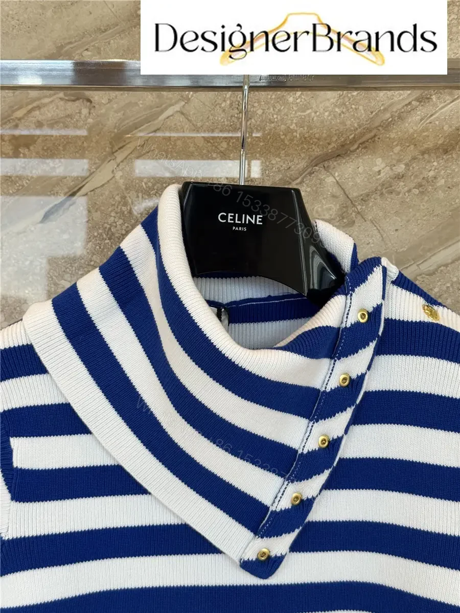 View 3 of Celine Classic Striped High-Neck Short-Sleeve Knit Top