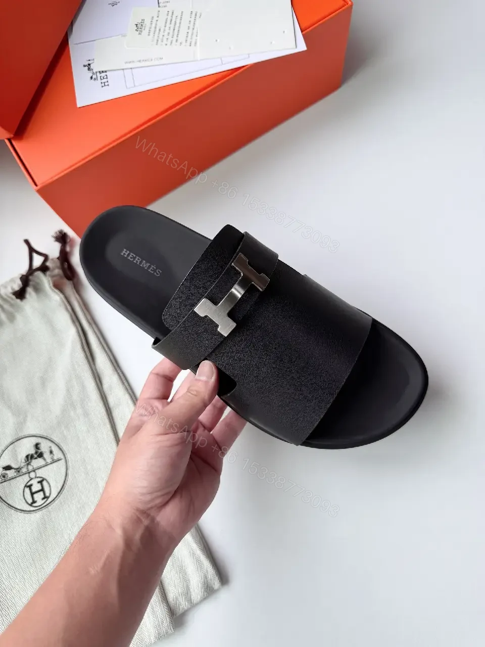 View 10 of Black Leather Slide Metal Buckle Modern Comfort Fit Sandals