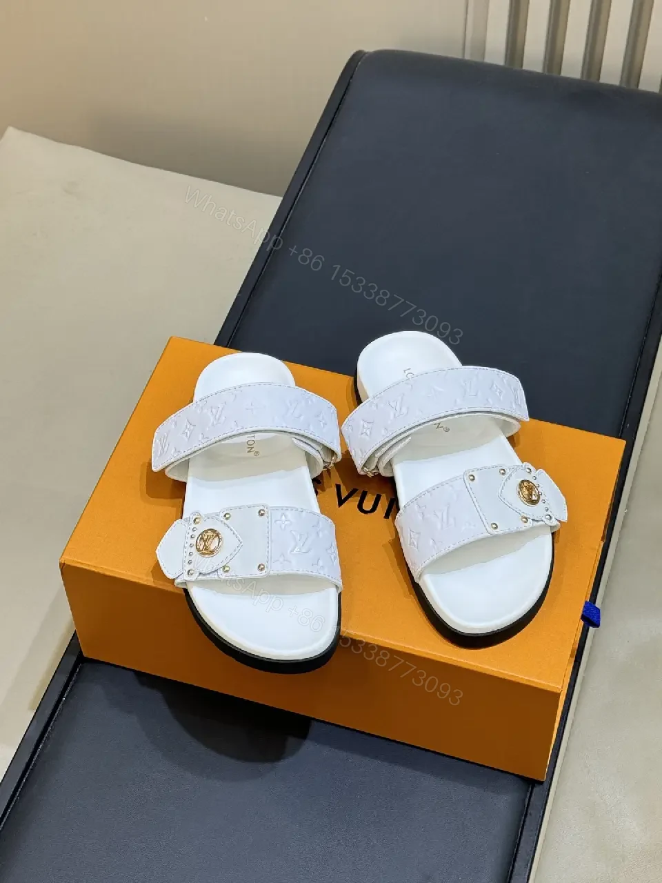View 2 of White Leather Sandals Velcro Straps Minimalist Louis Vuitton Monogram Sandals