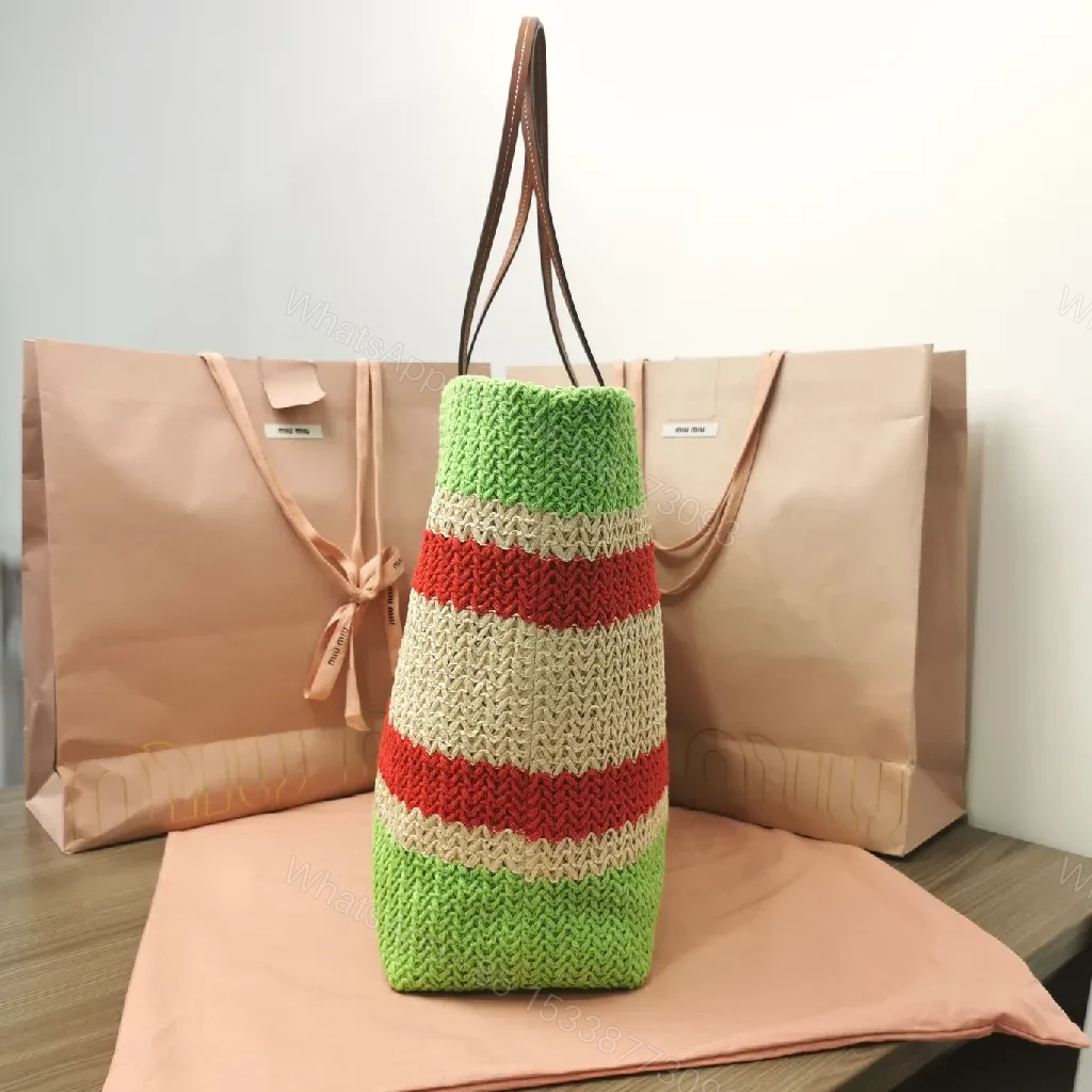 View 3 of Colorful Woven Straw Tote - Luxurious Designer-Style, Bold Stripes