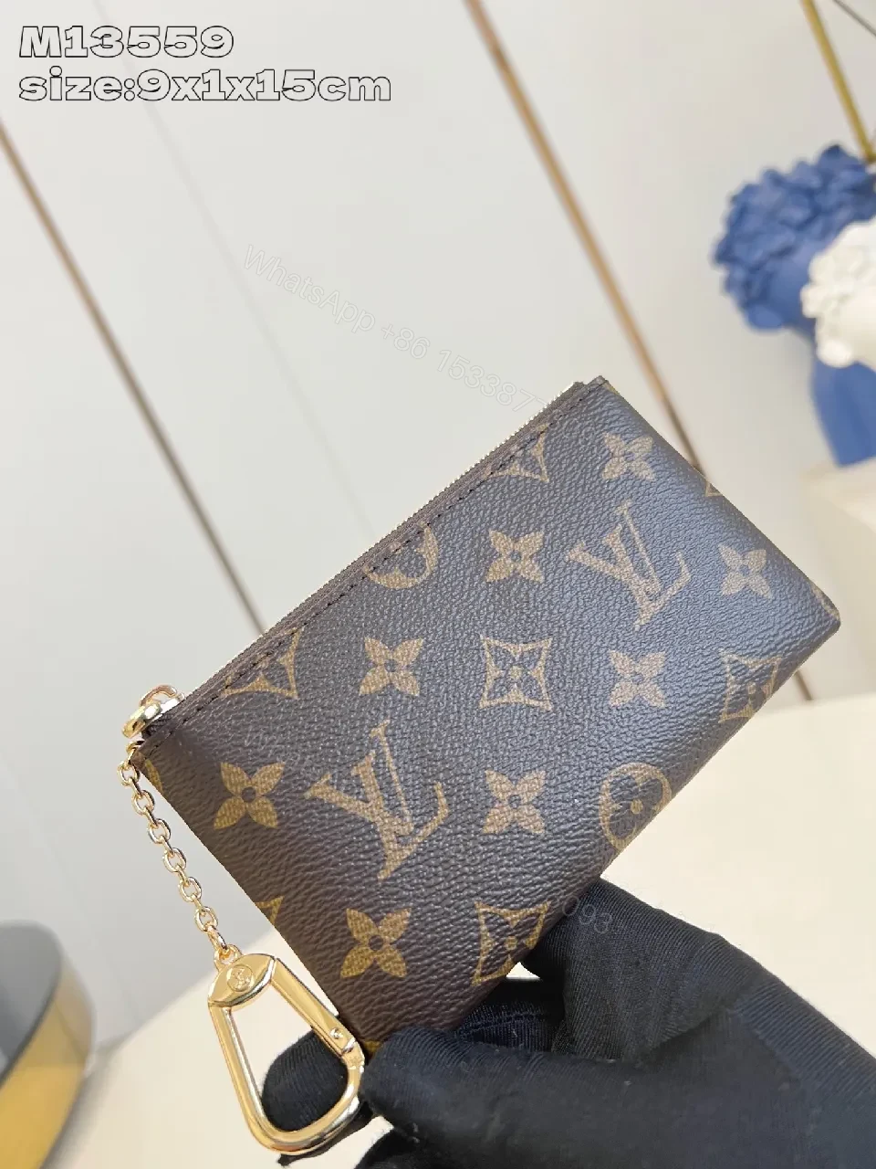 View 3 of Compact Monogram Wallet: Luxe Canvas, Gold Zip, Everyday Elegance