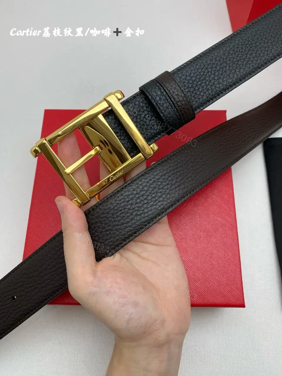 View 6 of Black Leather Belt - Gold H-Frame Buckle, Cartier-Style