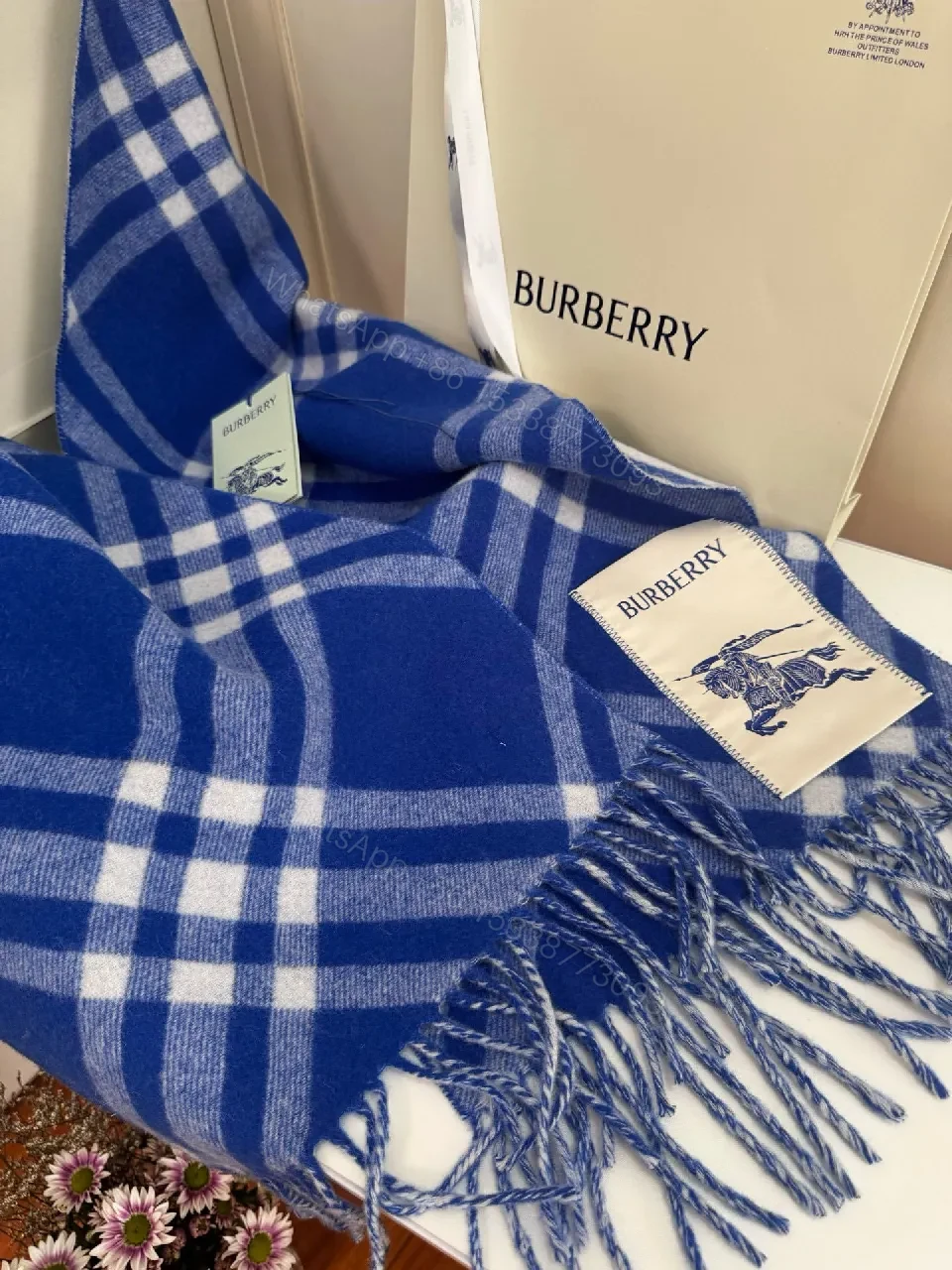View 2 of Blue Plaid Throw with Fringed Edge – Luxurious All-Season Comfort