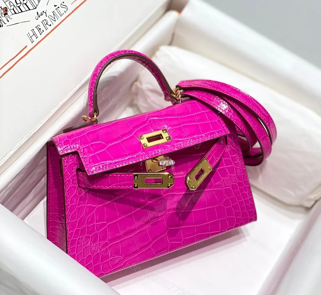 View 2 of HN MINI IN DEEP MAGENTA CROCODILE SKIN GOLD HARDWARE